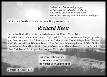 Traueranzeige von Richard Beetz von Südthüringer Presse