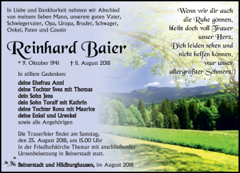 Traueranzeige von Reinhard Baier von Südthüringer Presse