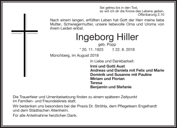 Traueranzeige von Ingeborg Hiller von Frankenpost