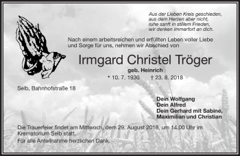 Traueranzeige von Irmgard Christel Tröger von Frankenpost