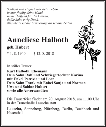 Traueranzeige von Annliese Halboth von Südthüringer Presse