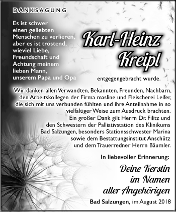 Traueranzeige von Karl-Heinz Kreipl von Südthüringer Presse