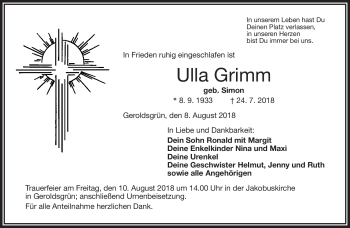 Traueranzeige von Ulla Grimm von Frankenpost