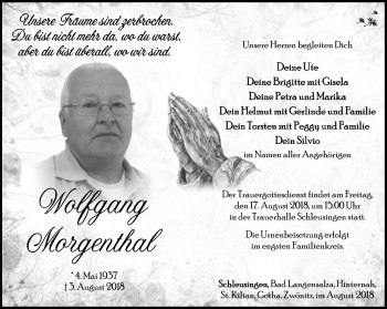 Traueranzeige von Wolfgang Morgenthal von Südthüringer Presse