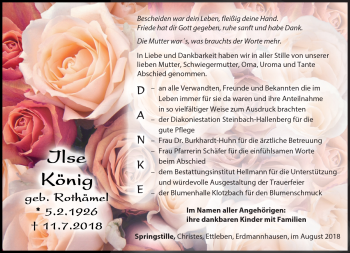 Traueranzeige von Ilse König von Südthüringer Presse