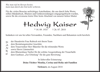 Traueranzeige von Hedwig Kaiser von Südthüringer Presse