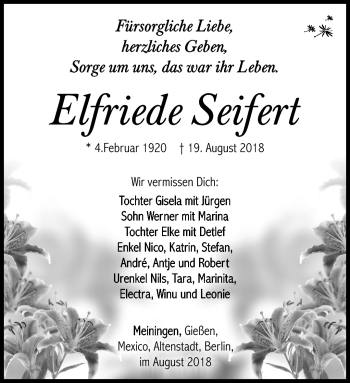 Traueranzeige von Elfriede Seifert von Südthüringer Presse