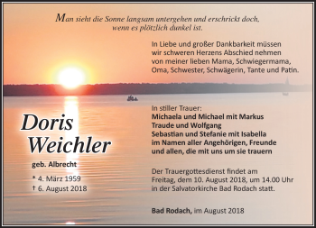 Traueranzeige von Doris Weichler von Südthüringer Presse