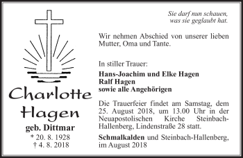 Traueranzeige von Charlotte Hagen von Südthüringer Presse