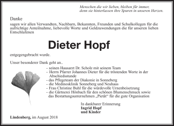 Traueranzeige von Dieter Hopf von Südthüringer Presse