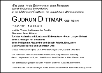 Traueranzeige von Gudrun Dittmar von Südthüringer Presse