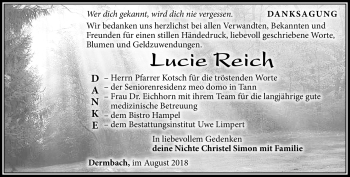 Traueranzeige von Lucie Reich von Südthüringer Presse