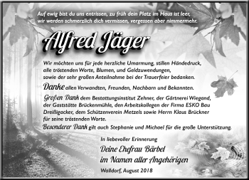 Traueranzeige von Alfred Jäger von Südthüringer Presse