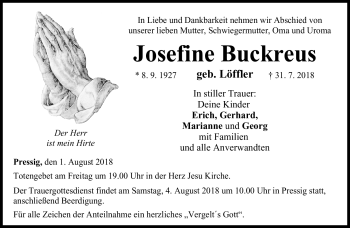 Traueranzeige von Josefine Buckreus von Neue Presse Coburg