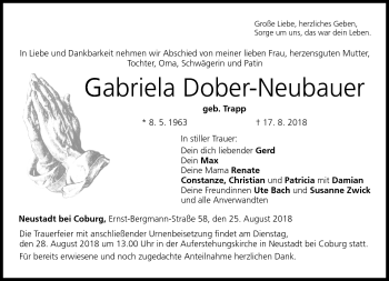 Traueranzeige von Gabriela Dober-Neubauer von Neue Presse Coburg