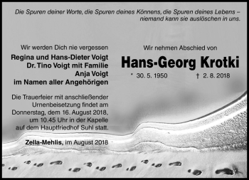Traueranzeige von Hans-Georg Krotki von Südthüringer Presse