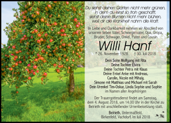 Traueranzeige von Willy Hanf von Südthüringer Presse