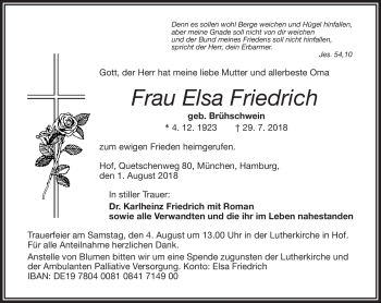 Traueranzeige von Elsa Friedrich von Frankenpost