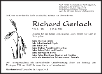 Traueranzeige von Richard Gerlach von Südthüringer Presse