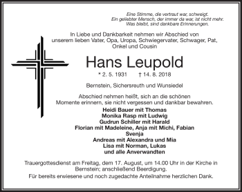 Traueranzeige von Hans Leupold von Frankenpost