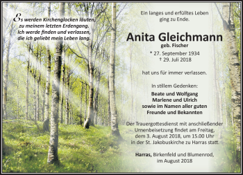 Traueranzeige von Anita Gleichmann von Südthüringer Presse