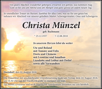 Traueranzeige von Christa Münzel von Südthüringer Presse