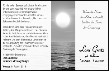 Traueranzeige von Loni Gratz von Südthüringer Presse