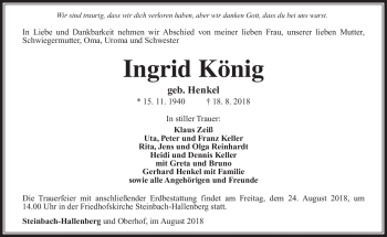 Traueranzeige von Ingrid König von Südthüringer Presse