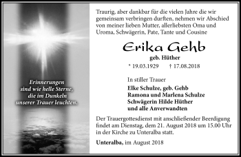 Traueranzeige von Erika Gehb von Südthüringer Presse
