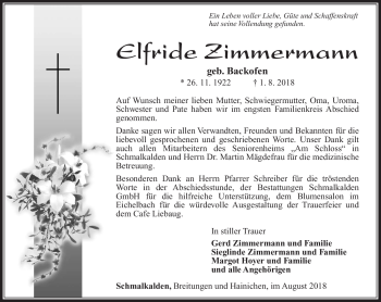 Traueranzeige von Elfriede Zimmermann von Südthüringer Presse