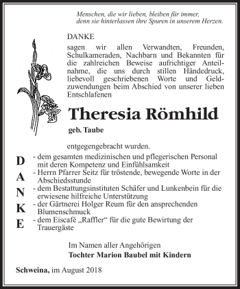 Traueranzeige von Theresia Römhild von Südthüringer Presse