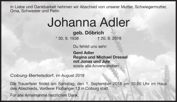 Traueranzeige von Johanna Adler von Neue Presse Coburg