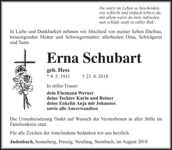 Traueranzeige von Erna Schubart von Südthüringer Presse