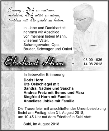 Traueranzeige von Eberhard Horn von Südthüringer Presse