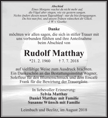 Traueranzeige von Rudolf Matthay von Südthüringer Presse