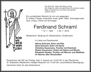 Traueranzeige von Ferdinand Schraml von Frankenpost