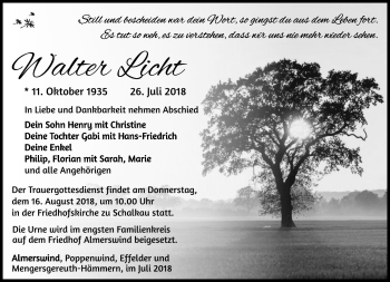 Traueranzeige von Walter Licht von Südthüringer Presse