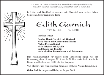 Traueranzeige von Edith Garnich von Südthüringer Presse