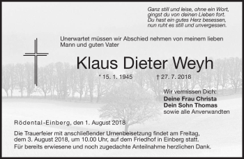 Traueranzeige von Klaus Weyh von Neue Presse Coburg