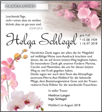 Traueranzeige von Helga Schlegel von Südthüringer Presse