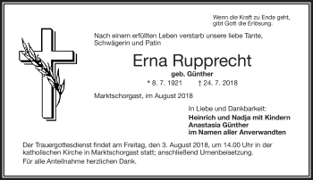 Traueranzeige von Erna Rupprecht von Frankenpost
