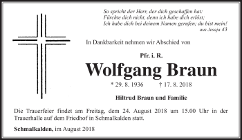 Traueranzeige von Wolfgang Braun von Südthüringer Presse