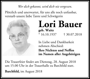 Traueranzeige von Lori Bauer von Südthüringer Presse
