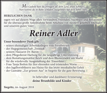 Traueranzeige von REiner Adler von Südthüringer Presse