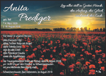 Traueranzeige von Anita Prediger von Südthüringer Presse