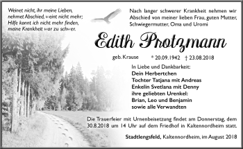 Traueranzeige von Edith Protzmann von Südthüringer Presse