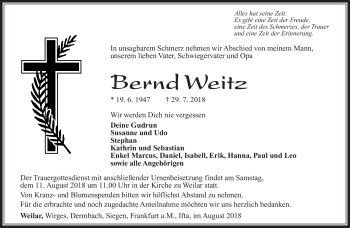 Traueranzeige von Bernd Weitz von Südthüringer Presse