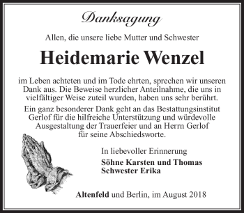 Traueranzeige von Heidemarie Wenzel von Südthüringer Presse