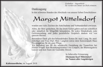 Traueranzeige von Margot Mittelsdorf von Südthüringer Presse