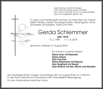 Traueranzeige von Gerda Schlemmer von Frankenpost